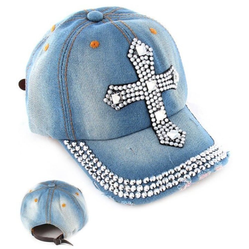 Faith Inspirational Cross Clear Rhinestone Cap Hat Distressed Denim Jean